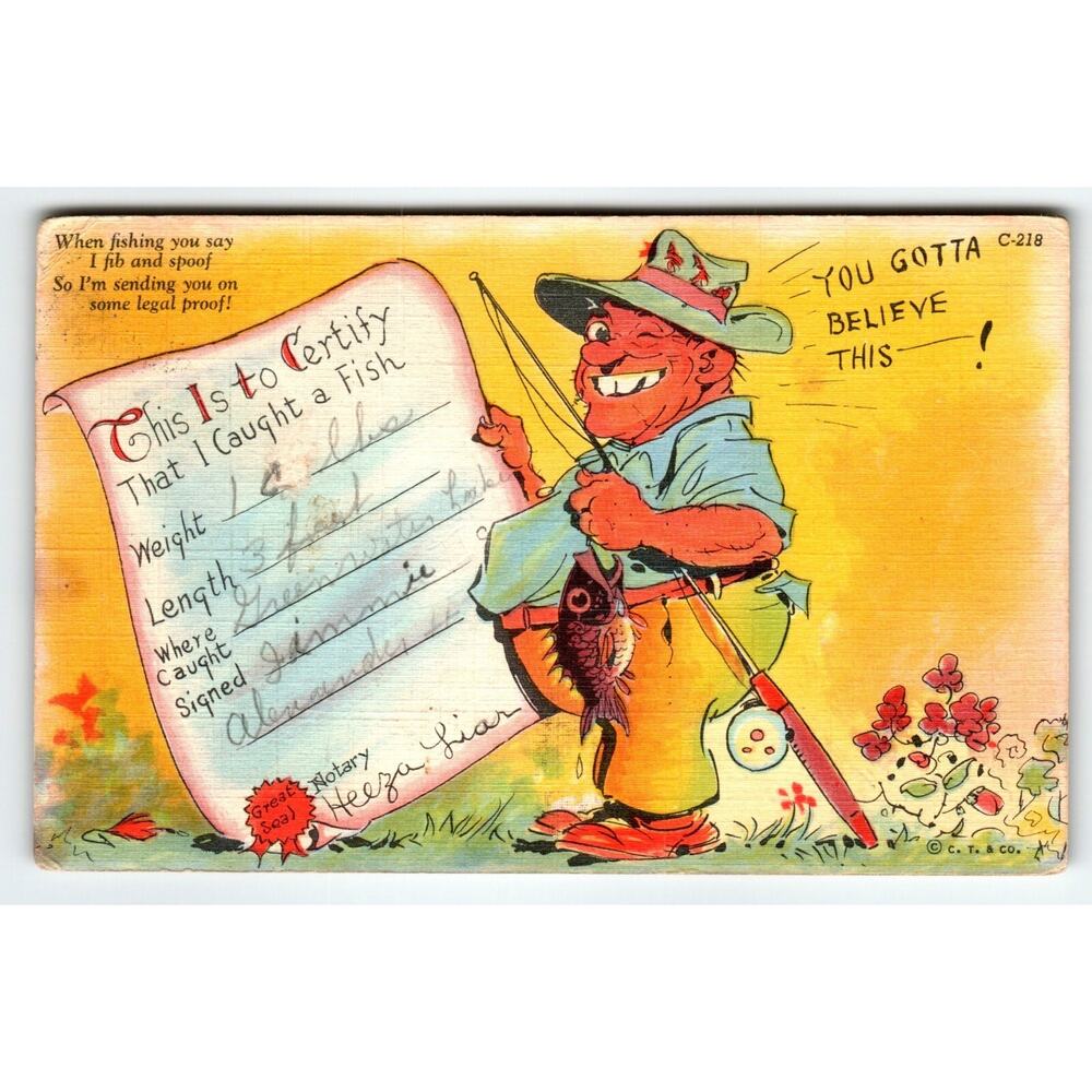Fishing Linen Comical Postcard This Is To Certify That I Caught A Fish 1943 CT